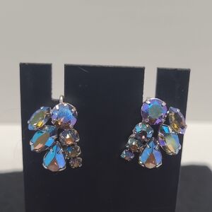 Sherman Blue Aurora Borealis Rhinestone Cluser Earrings